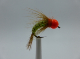 Size 18 Tungsten Fluo Orange Caddis Green Barbless